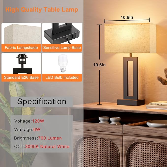 Nightstand Table Lamps for Bedrooms Set of 2 - Touch Bedside Lamp with USB C+A, 3 Way Dimmable Living Room Lamps for End Tables Set of 2, Modern Night Stand Lamps for Bed Side Guest Room(Cream)