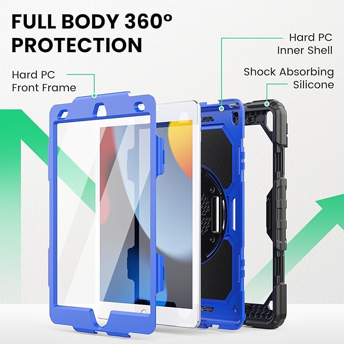 SEYMAC for iPad 9th/8th/7th Generation Case 10.2" 2021-2019, Full-Body Shockproof Heavy Duty Protective Case with Screen Protector, Rotating Stand/Handle/Shoulder Strap for iPad 10.2, Black/Blue