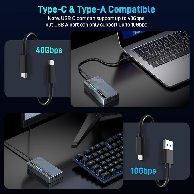 FIDECO 40Gbps M.2 NVMe SSD Enclosure, M.2 NVMe to USB Adapter with RGB Light, USB4 SSD Reader Compatible with Thunderbolt 4/3, USB4/3.2/3.1/3.0, Support UASP & Trim