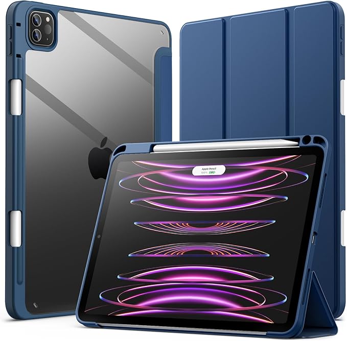 JETech Case ONLY for iPad Pro 11 Inch (2022/2021/2020/2018) with Pencil Holder, Clear Transparent Back Shell Slim Stand Shockproof Tablet Cover, Auto Wake/Sleep (Navy)