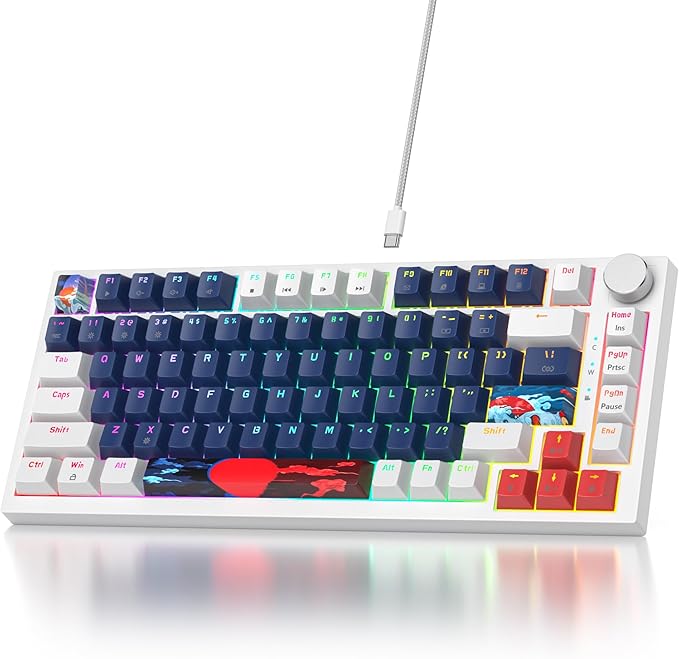 75% Mechanical Gaming Keyboard Wired Gasket Mount Keyboard 82 Keys Hot Swappable Keyboard RGB Backlit Knob TKL Keyboard for PC Laptop Windows Gamer(Blue Earth)