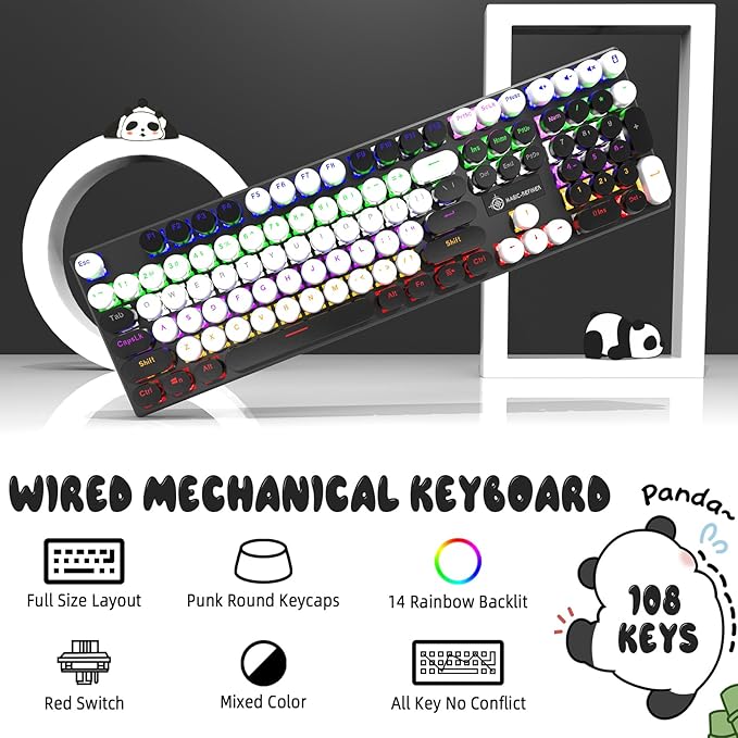 Typewriter Style Retro Wired Mechanical Gaming Keyboard,Vintage Steampunk Keyboard with Rainbow Backlit,104-Key Red Switch Cute Keyboard with Number Pad,Round Keycaps Computer Keyboard for Win/Mac