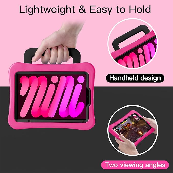 Kids Case for iPad Mini 7 (A17 Pro) 2024 /iPad Mini6 2021, Light Weight Heavy Duty/Shockproof/Drop Proof with Handle/Kickstand, Child Friendly Cover for iPad Mini 7th/6th Gen 8.3inch (Hot Pink)