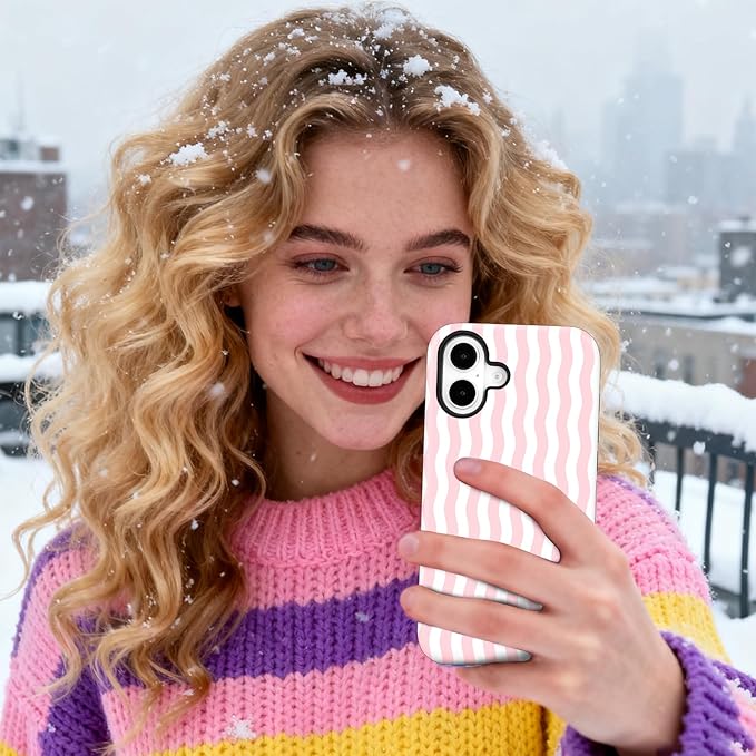 Magnetic for iPhone 17 Case Cute Wavy Stripes Phone Case, Shockproof Slim TPU and Hard PC Protective Phone Cover Compatible with MagSafe Designed for Women Girls, Pink