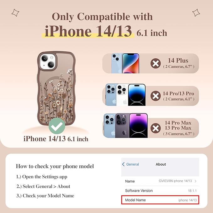 GVIEWIN Cute for iPhone 14 Case & iPhone 13 Case [Compatible with MagSafe] [Curly Wave Edge] Floral Translucent Magnetic Shockproof Protective Phone Cover for iPhone 14/13 6.1'', Floratopia/Brown