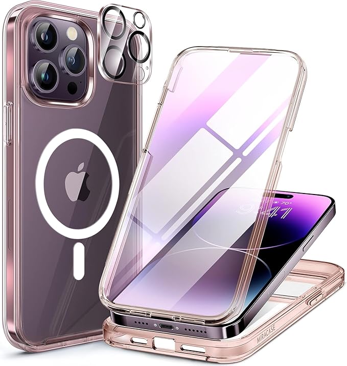 Miracase Magnetic Designed for iPhone 14 Pro Max Case 6.7 inch (Compatible with MagSafe) Upgrade Full-Body Clear Phone Bumper Case with Built-in 9H Tempered Glass Screen Protector, Magnetic Clear Pink