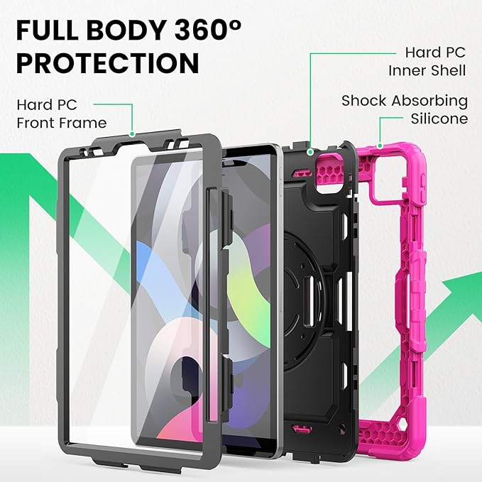 SEYMAC Case for iPad Air 5th/ 4th Generation 10.9 Inch, Full-Body Shockproof Protective Case with Screen Protector, Rotating Stand/Handle/Shoulder Strap for iPad Air 5/ Air 4, Black/Pink
