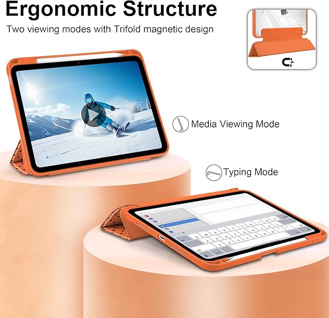 Case for iPad Pro 11 Inch (M5 2025 M4 2024) – [Built-in Pencil Holder], Shockproof & Stylish, Clear Hard Back + Soft TPU Edge, Magnetic Trifold Stand, Auto Wake/Sleep, Orange Polka dot
