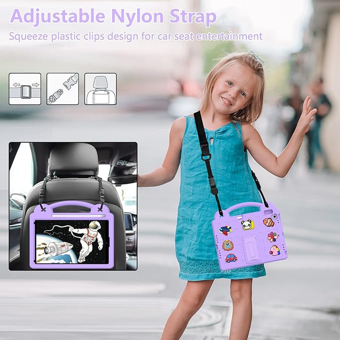 AKABEILA Compatible with Apple iPad Air 1 2013/Air 2 2014/Pro 9.7(2016)/iPad 9.7(2017/2018) Tablet Case, Kids Shockproof Protective Case with Shoulder Strap & Stand Handle & Pen Tray Light Purple