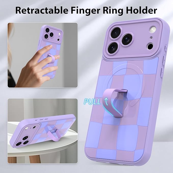 KANGHAR Compatible with iPhone 17 Pro Max Case, Support for MagSafe, Silicone Checkered Cute Pattern, Wristband Kickstand Camera Protection Soft Slim Cover for Girls Women -Purple