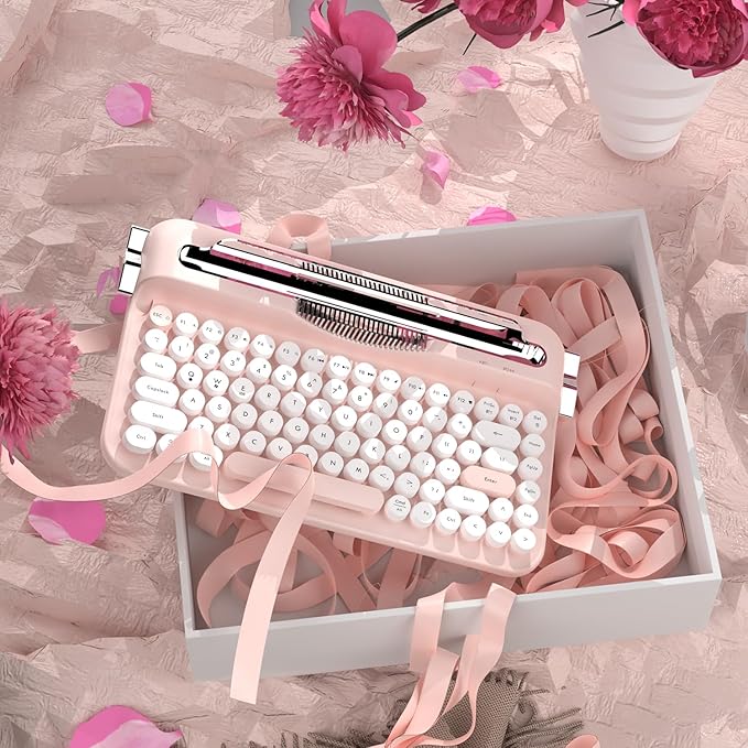 Ajazz AF84 Wireless Membrane Silent Typewriter Keyboard, Bluetooth/2.4G Dual-Mode Connection, Cute Retro Aesthetic Design with Integrated Stand for Tablet, Phone, PC and Win/Mac/Android Pink