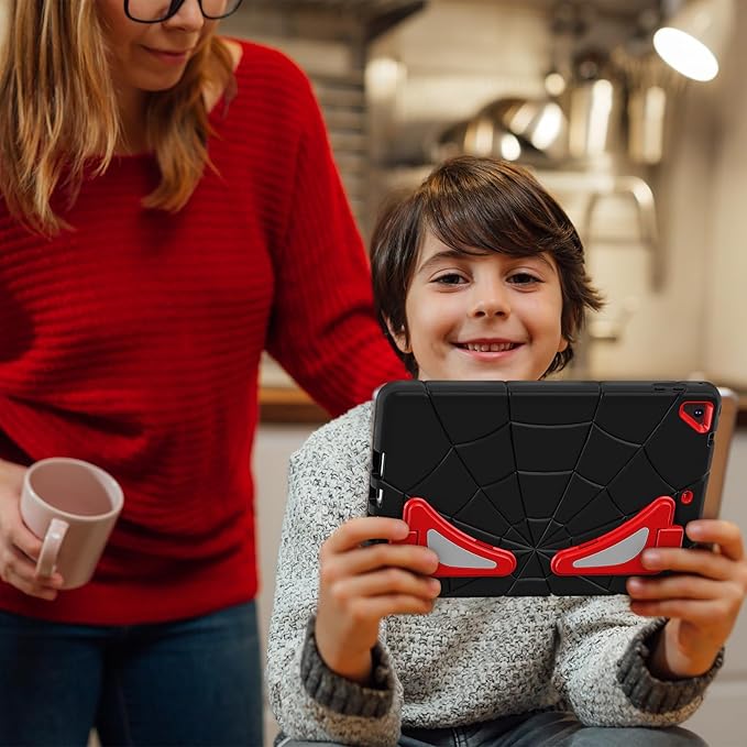 DreamerX for iPad 6th/5th Generation 9.7" Case 2018 2017 with Stand, Heavdy Duty Shockproof Rugged Drop-Proof Cute Cartoon Kawaii Silicone Protective Cover for Kids Boys iPad Air 2/Pro 9.7, Black Red