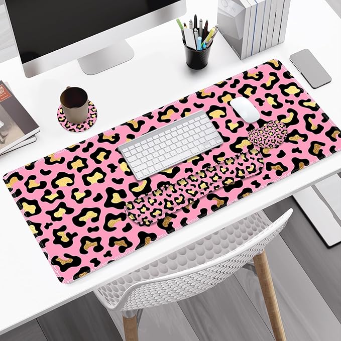 Large Gaming Mouse Pad Set, 4 in 1 Extended Keyboard Desk Mat with Wrist Rest, PC Computer Game Mousepad Set, Non-Slip Desk Pad Easy Typing Pain Relief for Home Office I Pink Leopard Print
