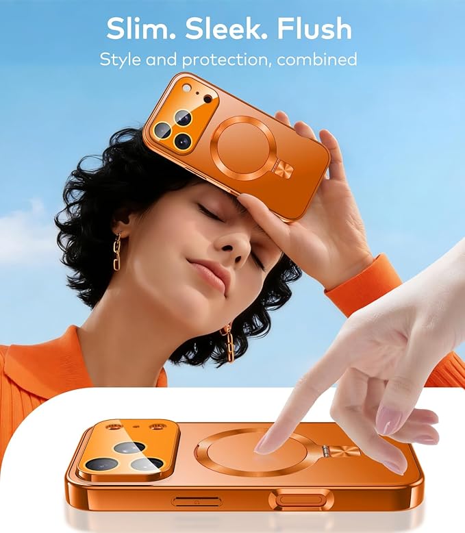 TOBOVON Magnetic for iPhone 17 Pro Max Case with Ring Stand, Fits MagSafe, with Built-in Camera Lens Protector, Slim Electroplated Shockproof Phone Cover, Orange