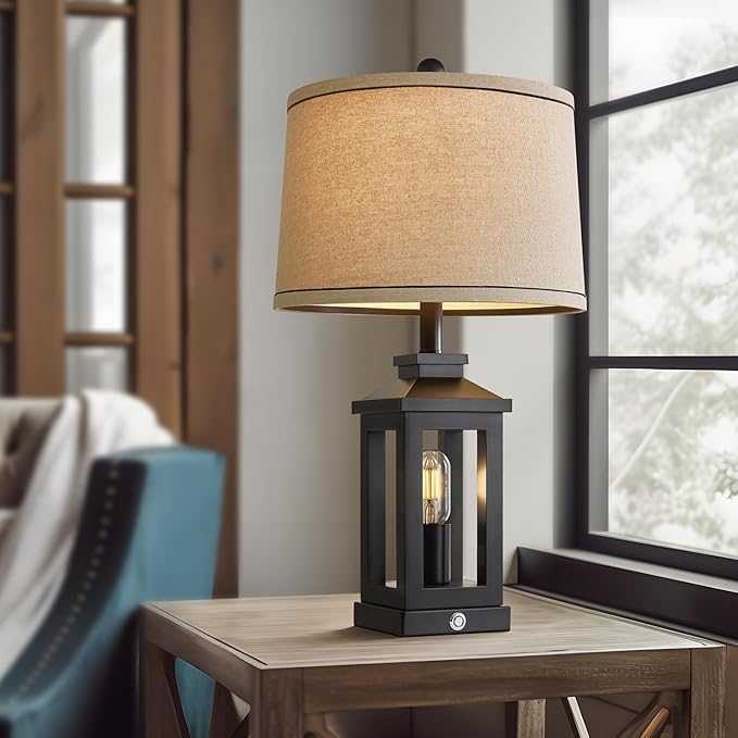 G-SAFAVA 23.75" Retro Farmhouse Black Table Lamp for Living Room Bedroom Nightstand Set of 2 Touch Control Bedside Nightlight Vintage Modern Lamp with USB C+A Ports and 2 Light Sources