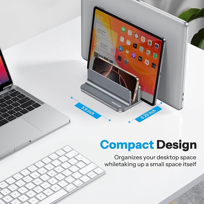OMOTON Vertical Laptop Stand [Updated 3-Slots Version], Desktop Aluminum Mac Book Stand with Adjustable Dock Size, Fits All Mac Book, Surface, Chrome Book and Gaming Laptops (Up to 17.3 inch), Grey