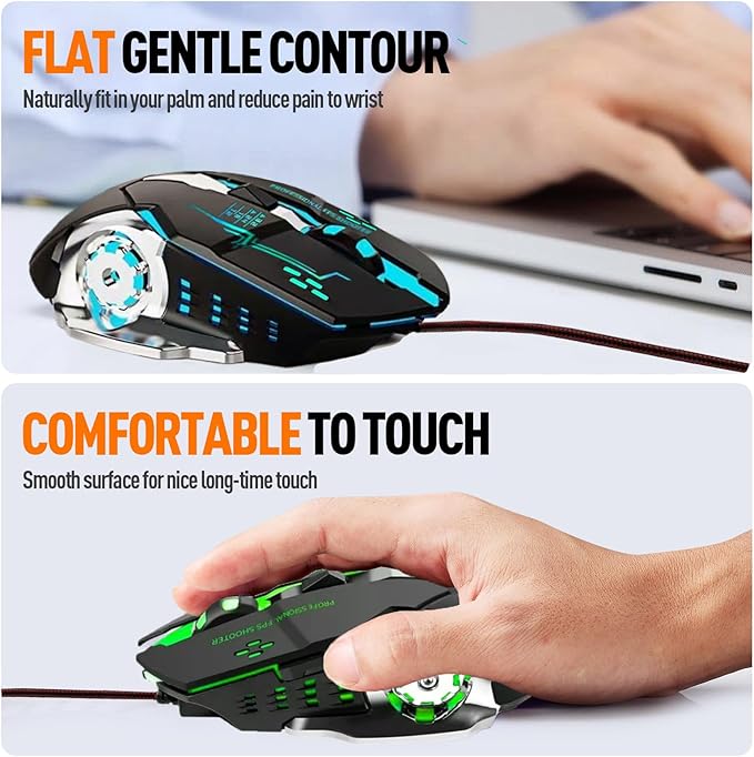 Guiheng Wired Gaming Mouse, Optical USB Mice for Laptop/Desktop, 1200 to 3600 and RGB Light, Ergonomic with 6 Programmable Buttons for Computer Windows 7/8/10/XP Vista Linux Chromebook PC (Black)