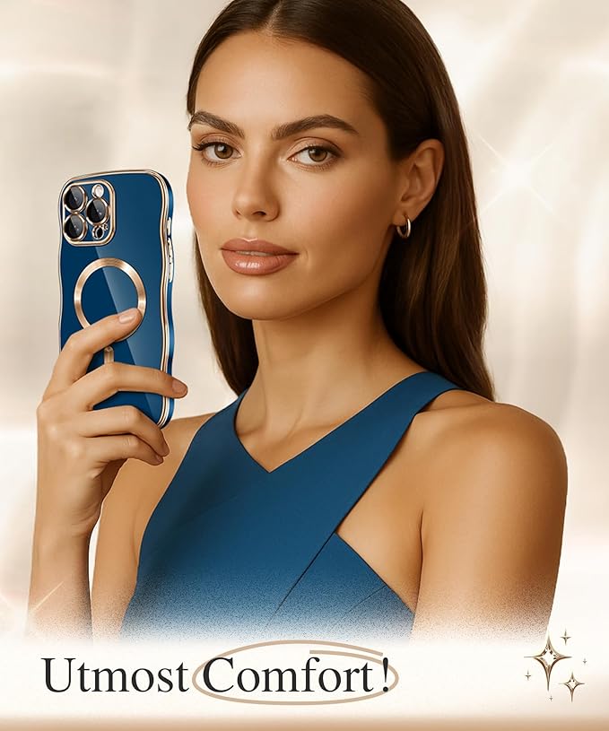 GVIEWIN for iPhone 16 Pro Max Case Compatible with MagSafe, Upgraded [Full Camera Protection][Cute Wave Frame][Military Grade Protection] Electroplated Soft Phone Cover for Women Girl, Blue
