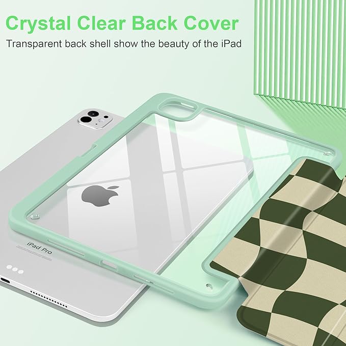 TWOLSKOO Case for iPad Pro 11-inch (M5 2025 / M4 2024), Clear Acrylic Back with TPU Bumper, Pencil Holder, Trifold Stand, Auto Sleep/Wake, Green Wavy Checker