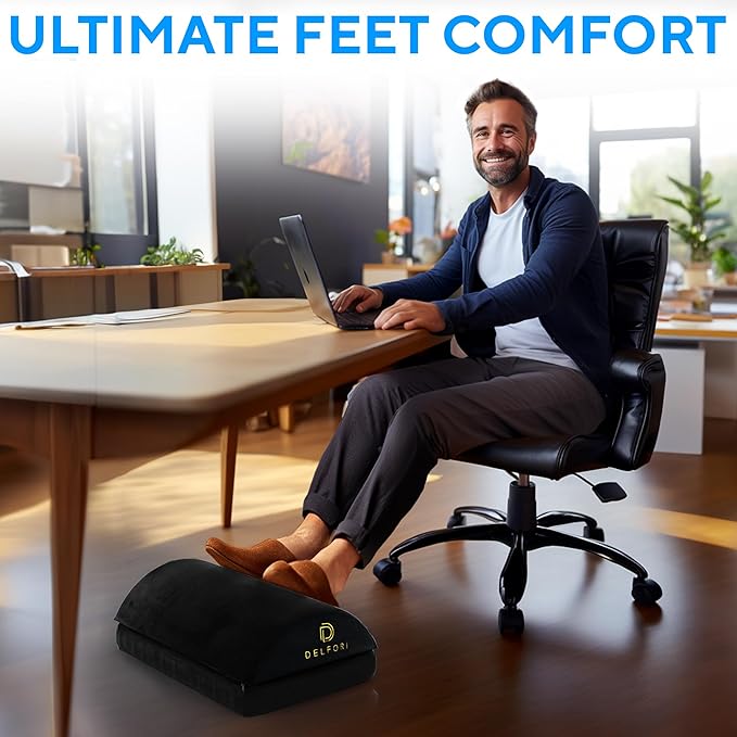Premium Under Desk Footrest - Ergonomic Foot Rest for Work, Home & Office Use - Adjustable Height Memory Foam Foot Stool for Gaming Chair - Comfortable & Perfect for Back Pain Relief and Leg Support