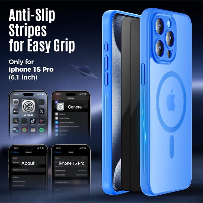 Symcele Designed for iPhone 15 Pro Case, Compatible with MagSafe, with Privacy Screen Protectors X2, [Camera Protection] [15FT Military Drop Protection] Shockpoof Phone Case, 6.1'', Blue