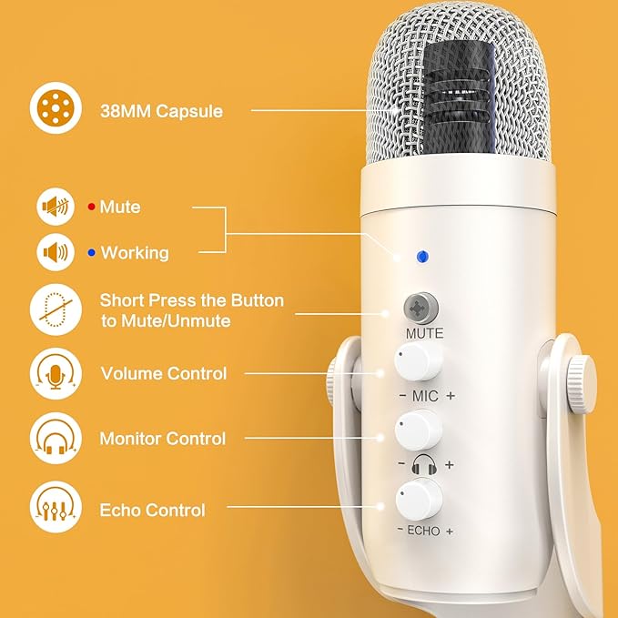 ZealSound Podcast Microphone for iPhone PC & Android, Noise Cancellation Mic with Gain Knob, Volume Adjustment & Mute Button, Monitor & Echo, for ASMR Podcasting Recording YouTube & TikTok - K66 White