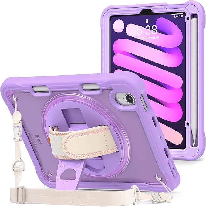 ProCase Rugged Case for iPad mini 7th(A17 Pro) 2024 / 6th Generation 8.3" 2021, Heavy Duty Shockproof Rugged Cover with Hand Strap 360 Degree Rotatable Kickstand Protective for iPad mini 8.3 -Purple