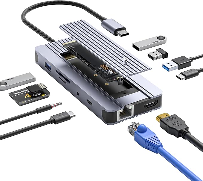 12-in-1 USB C Hub with M.2 SSD Enclosure – Expand Your Laptop with 4K/60Hz HDMI, 1Gbps Ethernet & Dual Storage (NVMe/SATA), USB 3.0/USB-C (5Gbps)–Works with MacBook Pro, Perfect for Multi-Tasking