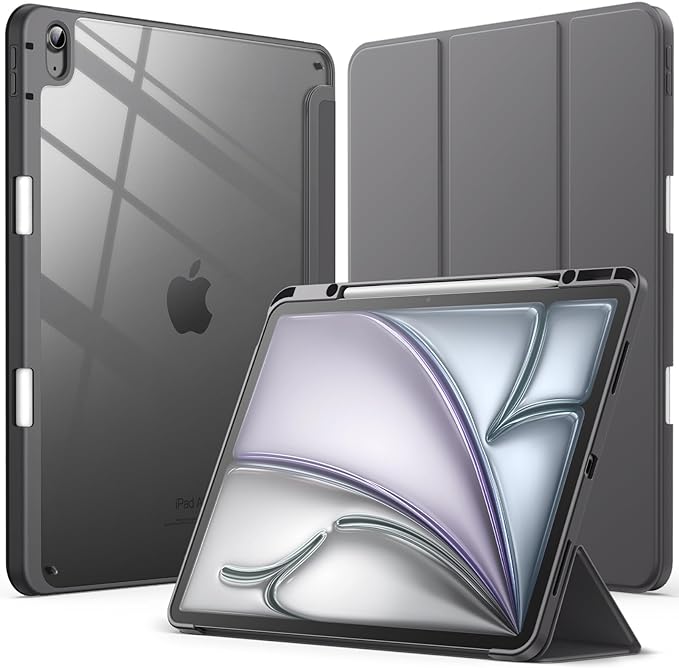 JETech Case for iPad Air 13-Inch M4/M3/M2 (2026/2025/2024) with Pencil Holder, Clear Transparent Back Shell Slim Stand Shockproof Tablet Cover, Auto Wake/Sleep (Space Gray)
