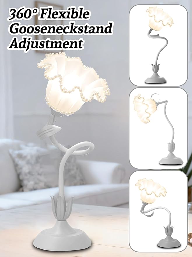 Flower Table Lamp Bedside Lamps LED Reading Light,3 Color Modes Cute Small Lamp,Vintage Flower Lamp Kawaii Table Lamp for Bedroom Living Room Office Dorm Desk Home Decor (Pearl White lamp)