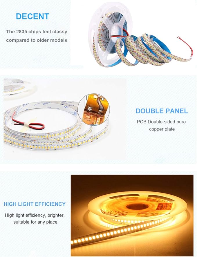 SUYOOULIN LED Strip Lights, SMD 2835 LED Strip Warm White 3000K, DC12V 1200LEDs 16.4Ft 26000LM High Density LED Light Strips Tube Waterproof IP67, 3 Times Brightness Than SMD3528 LED Strip
