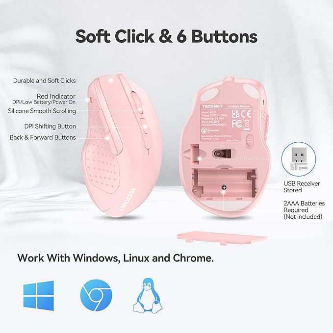 TECKNET Wireless Mouse, 2.4G Ergonomic Optical Mouse, Computer Mouse for Laptop, PC, Computer, Chromebook, Notebook, 6 Buttons, 24 Months Battery Life, 2600 DPI, 5 Adjustment Levels - Pink