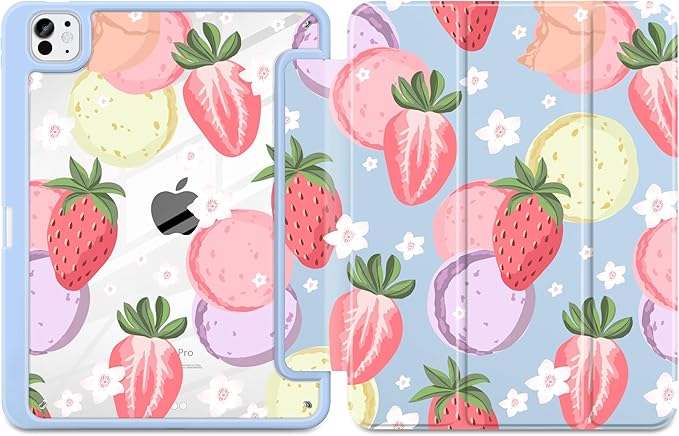 Case for iPad Pro 11 Inch (M5 2025 M4 2024) – [Built-in Pencil Holder], Shockproof & Stylish, Clear Hard Back + Soft TPU Edge, Magnetic Trifold Stand, Auto Wake/Sleep, Strawberry