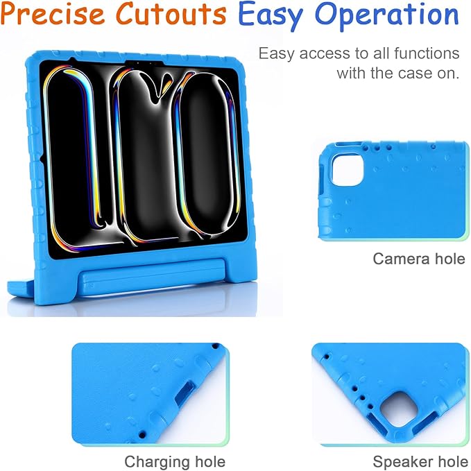 Kids Case for iPad Pro 13" 2025 (M5) 2024 (M4) & iPad Air 13" M4 M3 M2 Shockproof Case with Pencil Holder, Techcircle Handle Stand Light EVA Foam Bumper Protective Rugged Child Proof Cover, Blue
