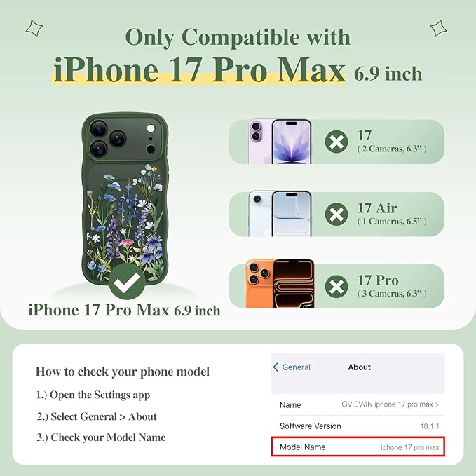 GVIEWIN for iPhone 17 Pro Max Case Compatible with MagSafe [Curly Wave Edge][Full Camera Protection] Floral Translucent Shockproof Magnetic Women Phone Case for 17 Pro Max, Sweet Posy/Forest Green