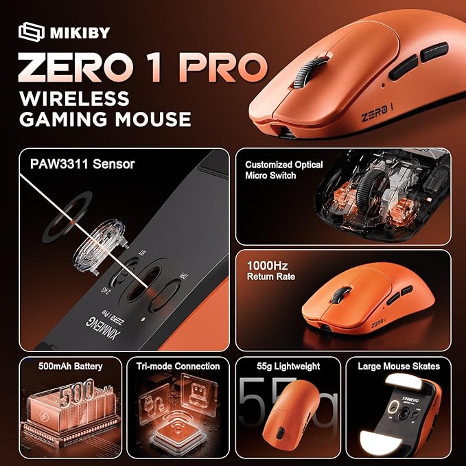 Zero 1 Pro Gaming Mouse,55g Ultralight Wireless Mouse, PAW3311 12K DPI, Tri-Mode 2.4G/Bluetooth/USB-C,Programmable Ergonomic Design,for Laptop/PC/Mac(Orange)