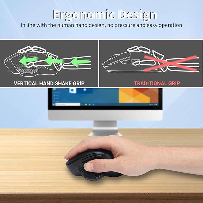 Bluetooth Ergonomic Wireless Mouse,Rechargeable 2.4G Vertical Wireless Mouse, Dual Mode Ergo Optical Mice with Adjustable DPI,Finger Rest for Laptop, Desktop, PC, MacBook, iPad, Mac, Windows(Black)
