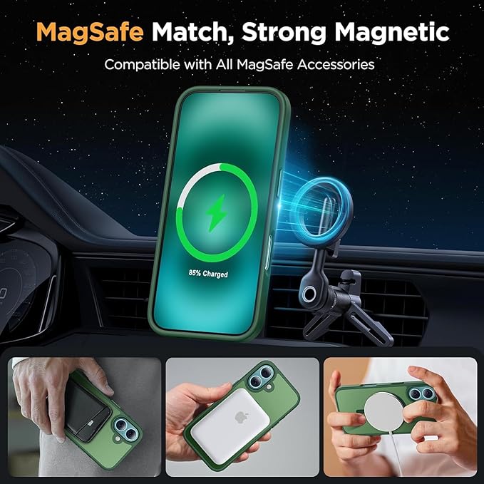 Miracase Magnetic for iPhone 17 Case (Compatible with MagSafe) with Screen Protector Military-Grade Protection, Anti-Fingerprint Translucent Matte Phone Cover for iPhone 17 6.3 inch, Dark Green