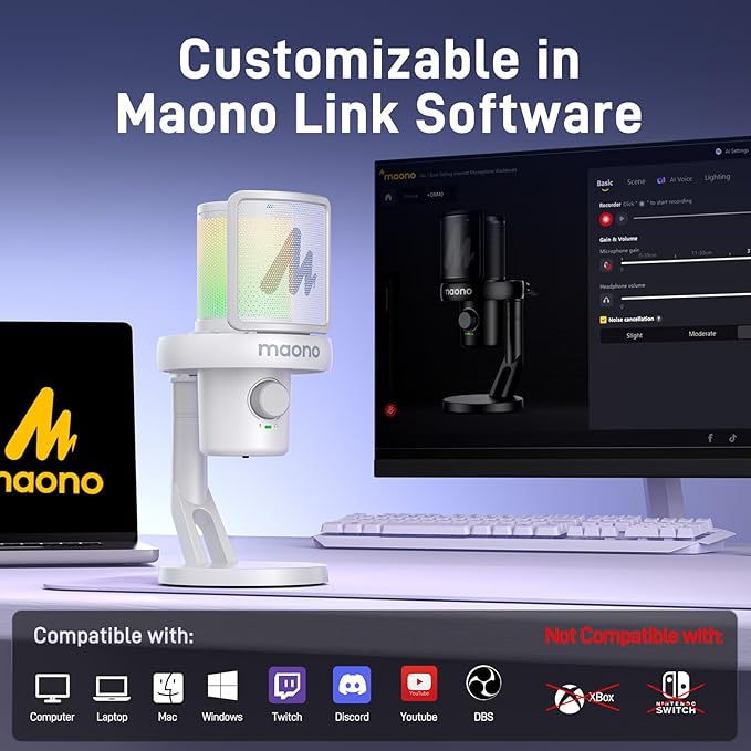 MAONO Wireless Microphone for PC, USB Gaming Mic with 6 Modes AI Voice Changer, 48kHz/24bit, 40H Battery, Intelligent Noise Reduction, RGB, One-Click Mute for Computer Podcast Recording Streaming,DM40