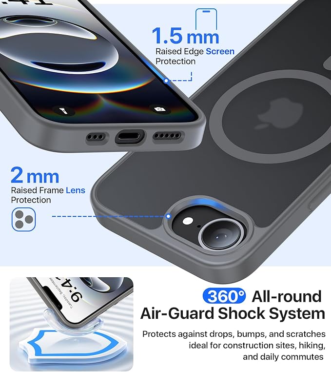 Eastinbox Magnetic Shockproof for iPhone 17e & iPhone 16e Case [Compatible with MagSafe] [Military-Grade Protection] Anti-Yellowing, Matte Protective Phone Case for iPhone 17 e/16 e 6.1", Grey
