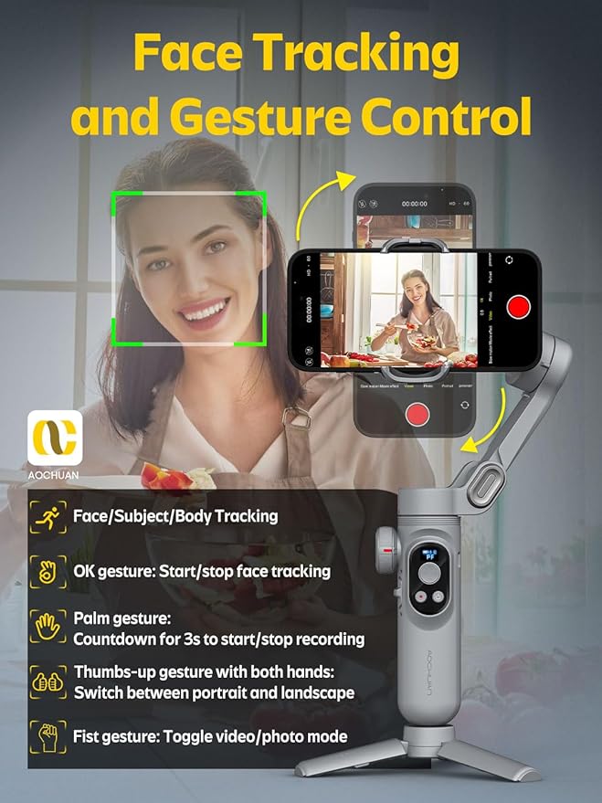 Professional Gimbal Stabilizer for Smartphone w/Wireless Charging OLED Display LED Light Focus Wheel, 3-Axis Phone Gimbal Stabilizer for iPhone 15 14 13 12 Pro/Max/Xs Galaxy S23-AOCHUAN Smart X Pro