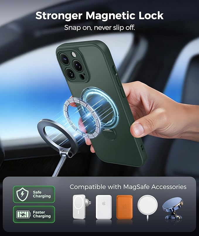 FNTCASE for iPhone 12 Pro-Max Case: [360 Spin Magnetic Stand] [Compatible with Magsafe] [Screen Protector] Translucent Matte Military Grade Shockproof Full Camera Protective Phone Cover - Green