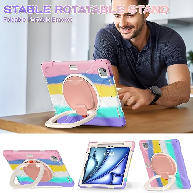 SCSVPN Kids Case for iPad Air 13 inch M4/M3/M2 2026 2025 2024 & iPad Pro 12.9'' 6th/5th/4th/3rd Gen 2022 2021 2020 2018, Protective Cover with Pencil Holder-Stand-Handle-Shoulder Strap, Colorful Pink