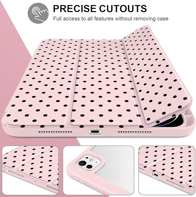 Case for iPad Pro 11 Inch (M5 2025 M4 2024) – [Built-in Pencil Holder], Shockproof & Stylish, Clear Hard Back + Soft TPU Edge, Magnetic Trifold Stand, Auto Wake/Sleep, Pink Polka dot