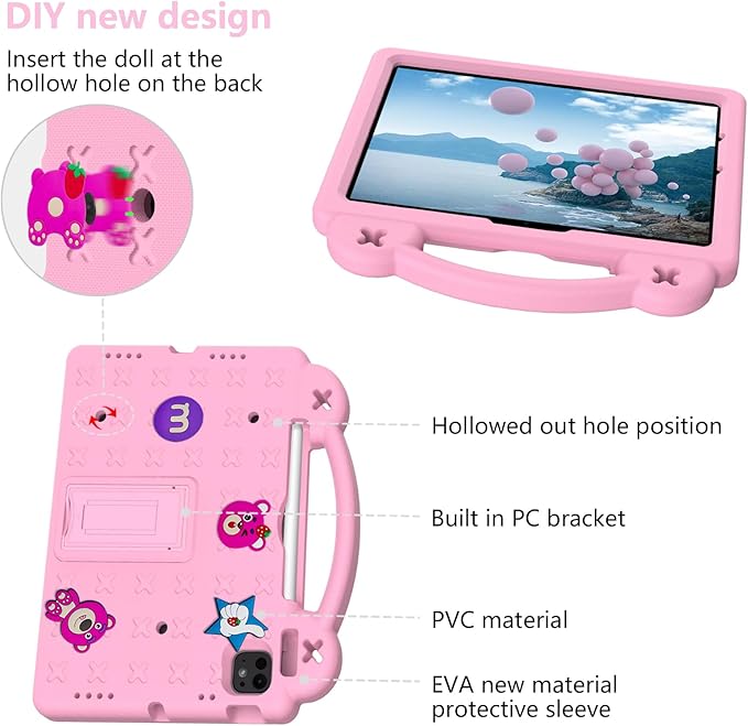 Dteck Case for iPad Air 5th/4th Gen 10.9" 2022/2020,iPad Pro 11 inch 4th/3rd/2nd/1st Gen,Strawberry Panda Shockproof Rugged Lightweight Convertible Handles Stand Kids Friendly Pencil Holder Case,Pink