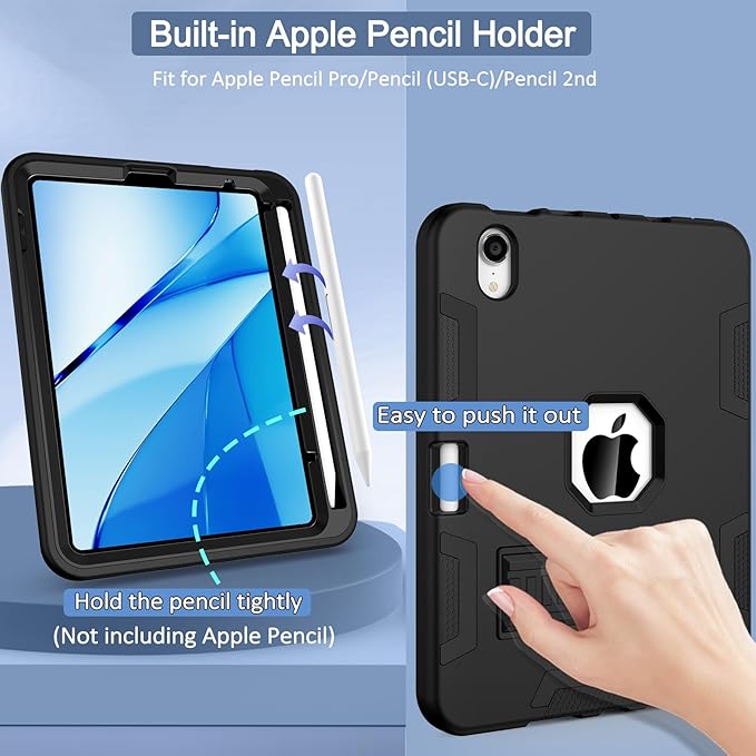 CCMAO for iPad mini 7 A17 Pro Case, iPad mini 6th/7th Generation Case (2021/2024), with Pencil Holder and Kickstand, Heavy Duty Shockproof Hybrid Three Layer Protective Cover, Black