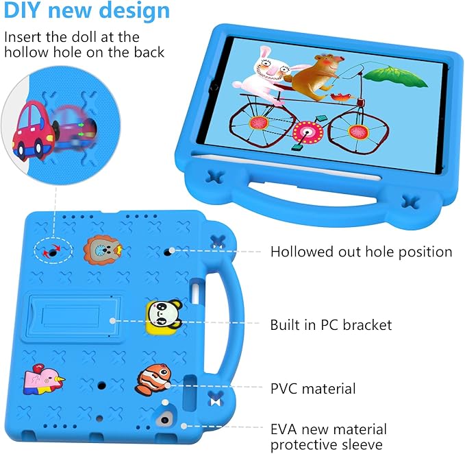 Dteck Kids Case for iPad 9.7 Inch 6th/5th Gen 2018/2017 & iPad Air 2/1 & iPad Pro 9.7,Cartoon Panda Shockproof Rugged Lightweight Pencil Holder Convertible Handles Stand Kids Friendly Case,Sky Blue