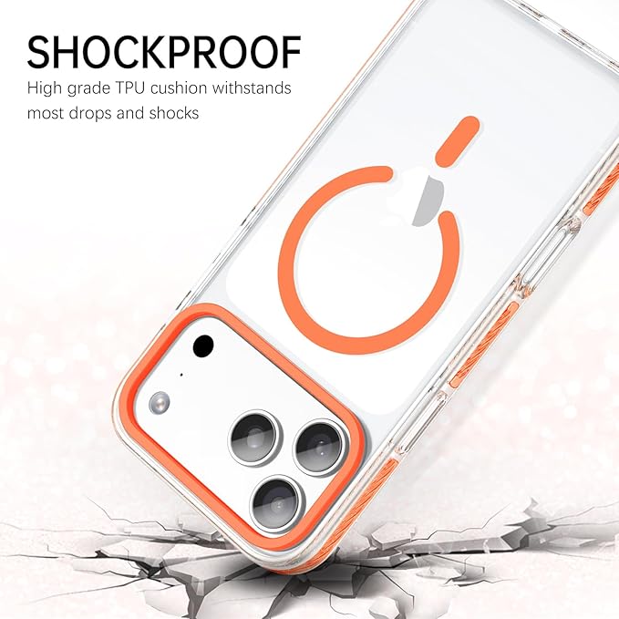 BENTOBEN Magnetic for iPhone 17 Pro Max Case 6.9", Compatible with Magsafe Military Shockproof Protective Bumper Cute Transparent Slim Anti-Yellowing Case for iPhone 17 Pro Max Cover, Clear Orange