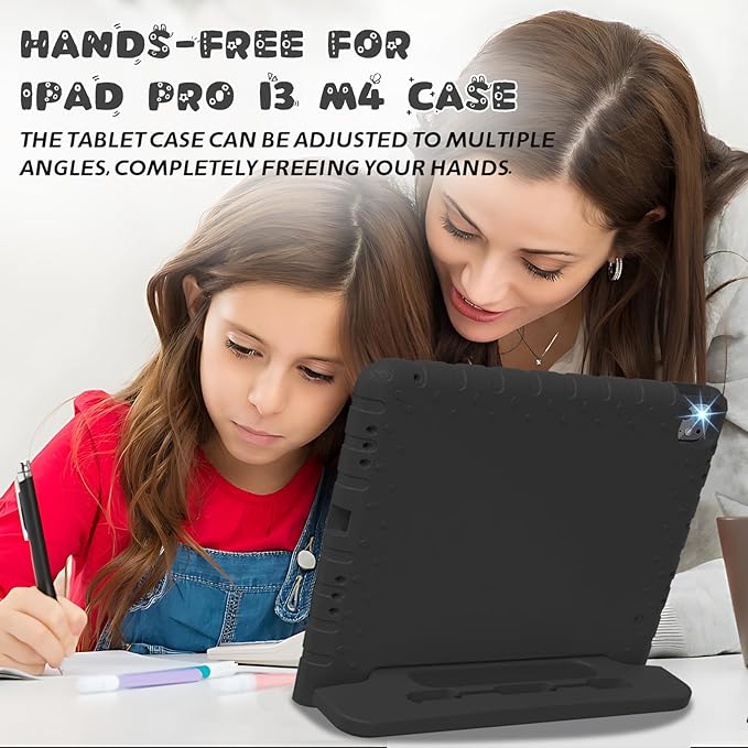 for iPad Pro 13 inch Case 2024, Shockproof Kids iPad 13 Pro Case, Protective Cover for iPad Pro 13 M4 with Pencil Holder, Anti-Slip Handle Stand, Black