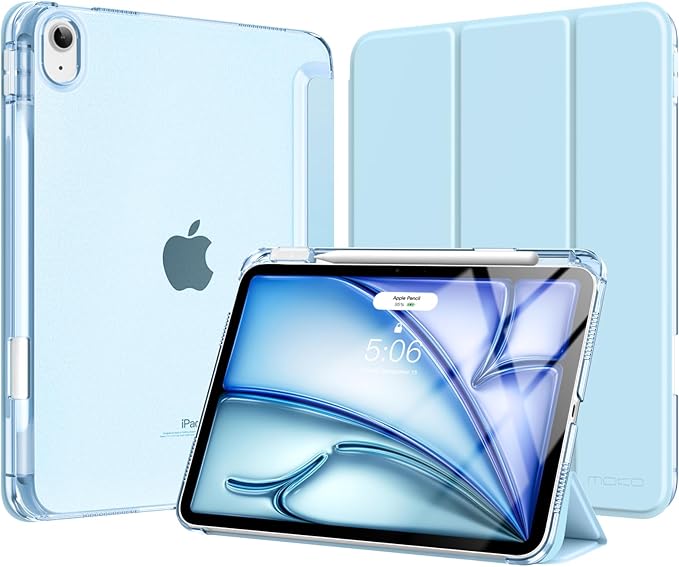 MoKo for iPad Air 11 inch Case (M4/M3/M2) 2026/2025/2024, iPad Air 5th/4th Gen 10.9 inch Case 2022/2020 with Pencil Holder, Slim Light Trifold Cover with Hard PC Translucent Back Shell, Sky Blue